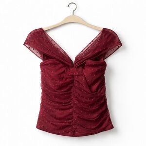 Dolan Left Coast Collection Anthropologie Burgundy Swiss Dot Ruched Bow Top